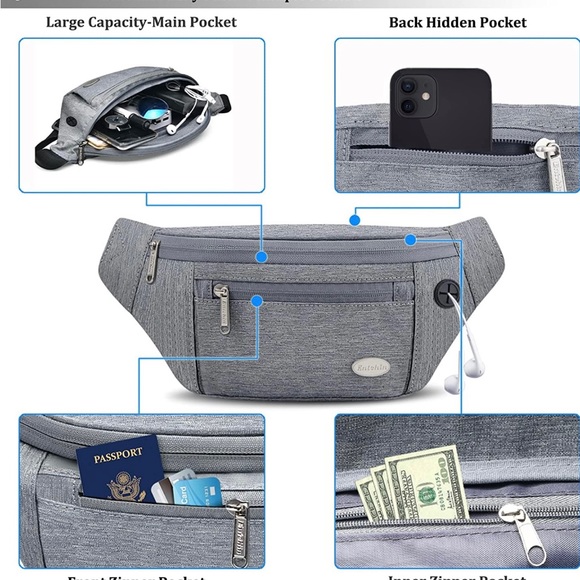 Entchin Fanny Pack for Women Men w 4 Pockets Waist/Fanny Pack Crossbody Bum Bag - Picture 3 of 16
